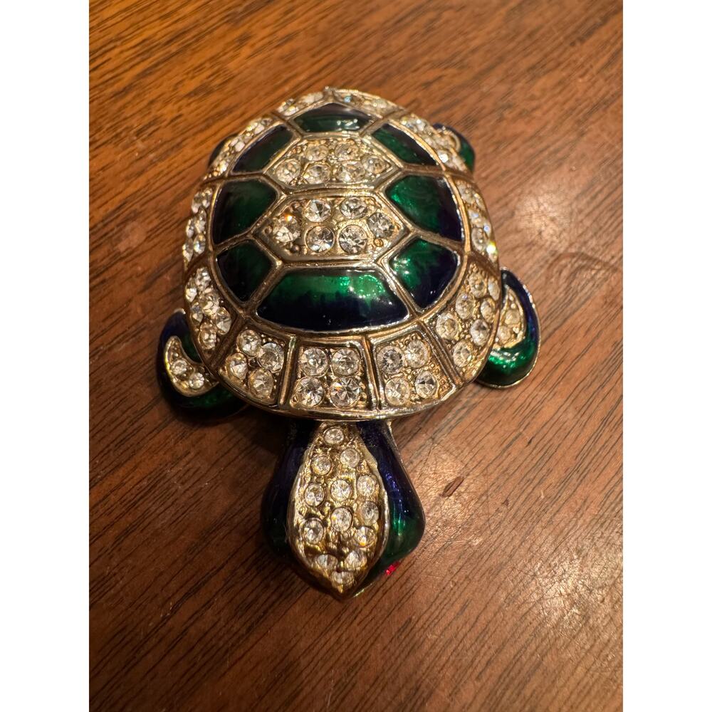 Vintage Jeweled Rhinestone Enamel Turtle Trinket Box Rhinestone Hinged Magnetic